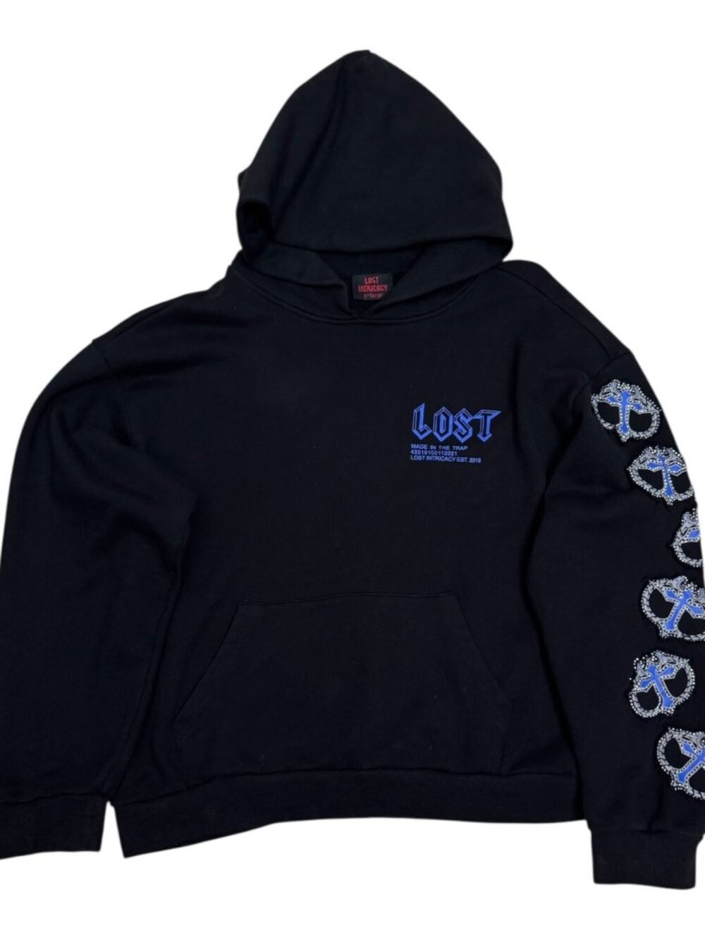 LOST INTRICACY Hoodie Luxury Streetwear Rap Black Blue Sweatshirt Mens XL